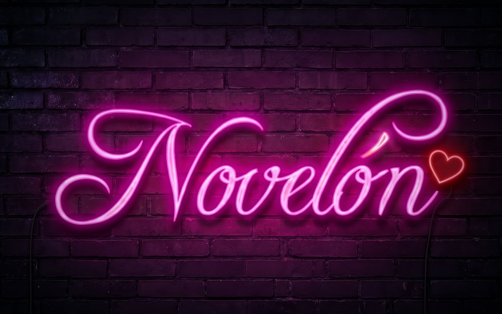 Novelón, letrero de neón rosa con un corazón sobre una pared de ladrillo